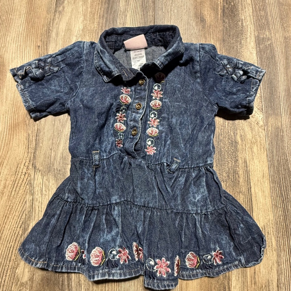 Little Lass Denim Dress Blue Acid Wash Floral Cottagecore 3T